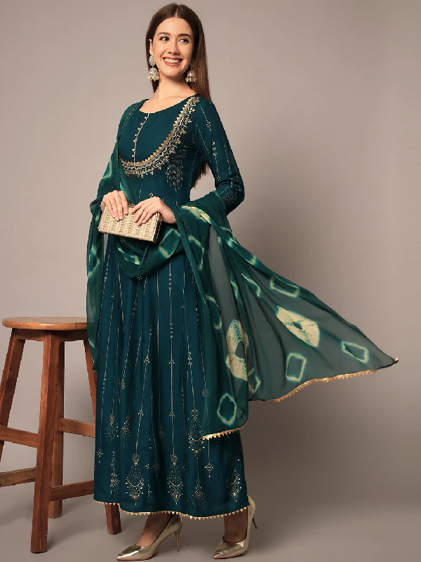 Traditional Function Wear Heavy Rayon Readymade Suit, Chiffon - Teal-1.webp